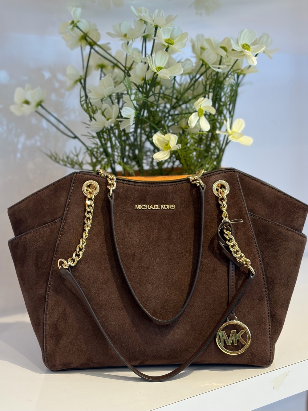 Michael Kors Chocolate Brown Suede Jet Set Travel Chain Tote Shoulder bag - Picture 2 of 13